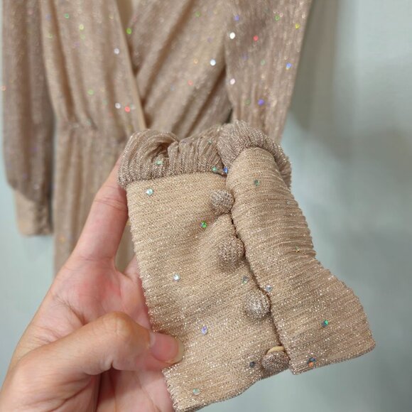 Baltic Born Pink Champagne Sheer Metallic Glitter Sparkle Maxi Gown Dress XS - Picture 6 of 11